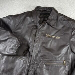 Snap-On Tools‎ Leather Jacket Men Large Brown Quilt Line Full Zip Bomber